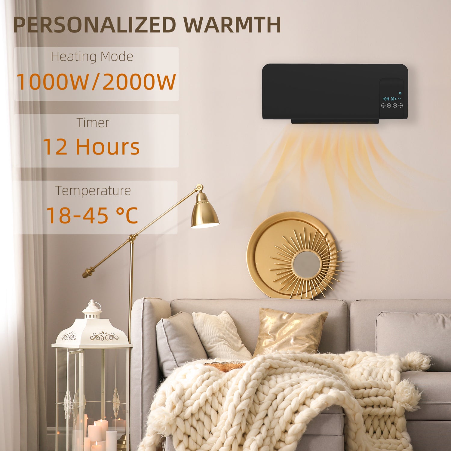 HOMCOM Electric Heater, 2000W Wall Mounted Space Heater with - Main Image
