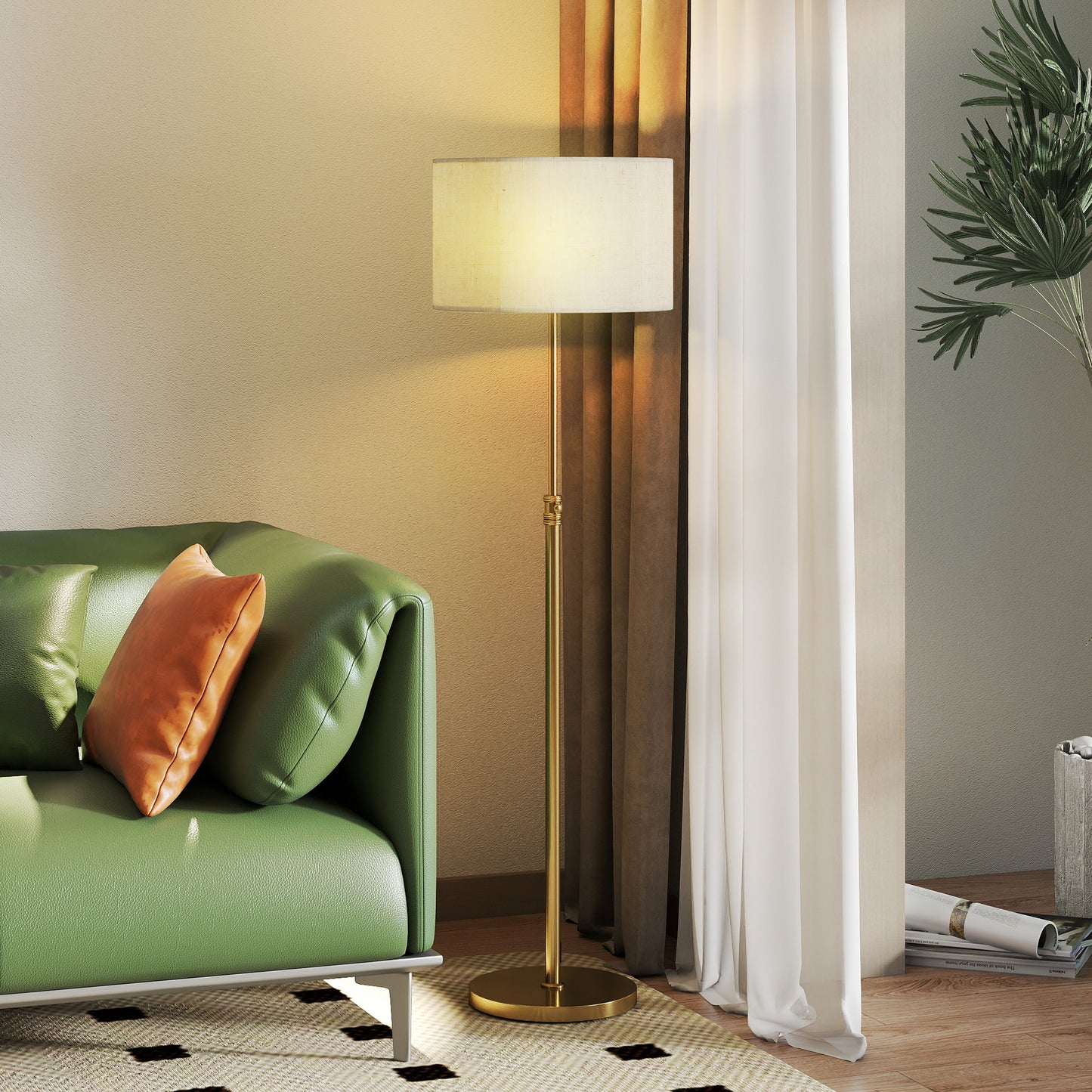 HOMCOM Floor Lamp, Height Adjustable with Linen Shade, Dimmable 3000K-6000K, Remote & Foot Switch for Living Room/Bedroom/Office, Gold Tone