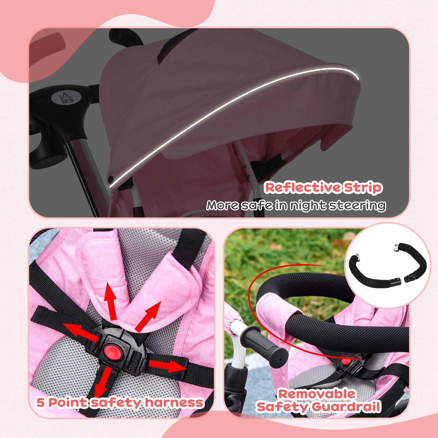 HOMCOM Metal Frame 4 in 1 Baby Push Tricycle with Parent Handle for 1-5 Years Old Pink