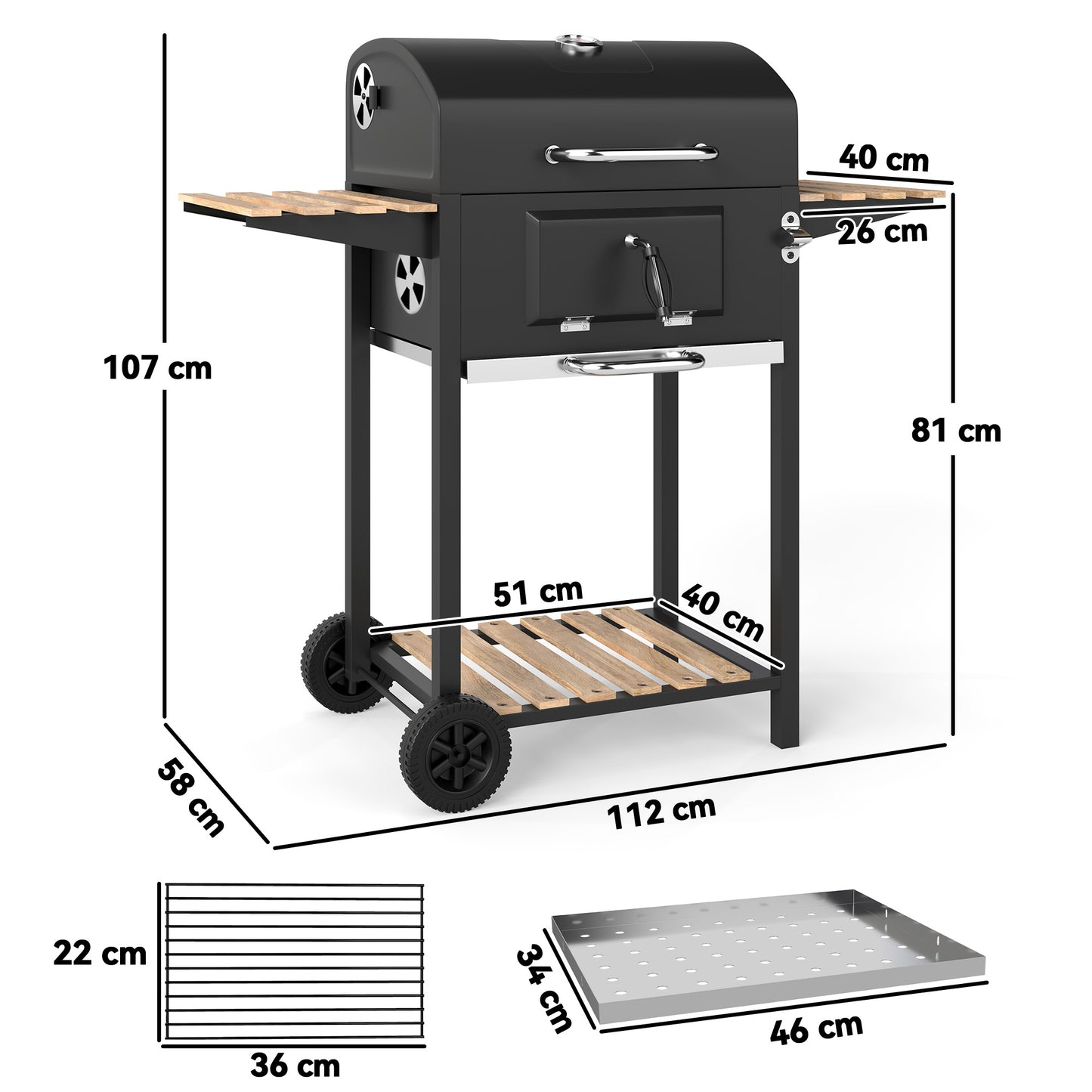 Outsunny Charcoal BBQ Grill, Portable Smoker with Adjustable Pan, Warming Rack, 3 Shelves, Temp Gauge, Wheels, Bottle Opener - Black
