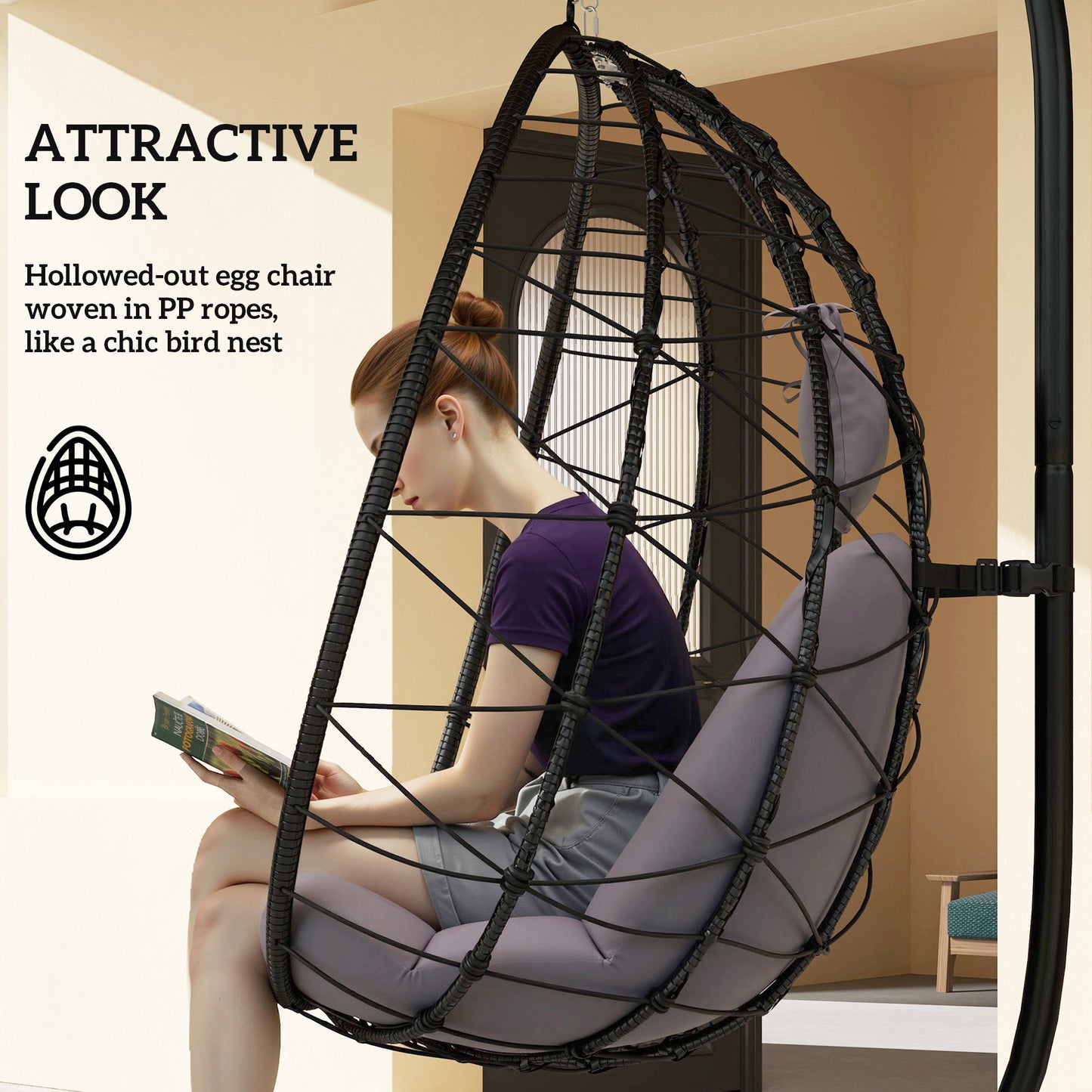 Outsunny Hanging Egg Chair, Outdoor/Indoor Swing with Folding Basket, Cushion & Stand, Grey