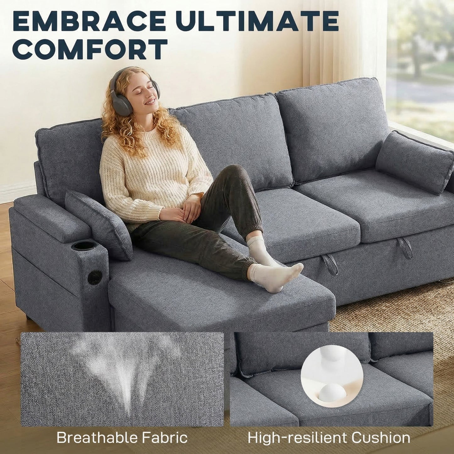 HOMCOM Corner Sofa Bed, L Shaped Sleeper Sectional Sofa with Reversible Storage Chaise, Grey