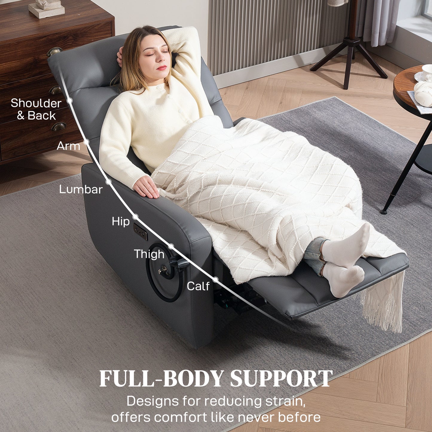 HOMCOM Electric Recliner Armchair, USB + Type C Charging, Phone Holder, PU Leather, Adjustable Leg Rest, for Home Living Room Theater, Grey