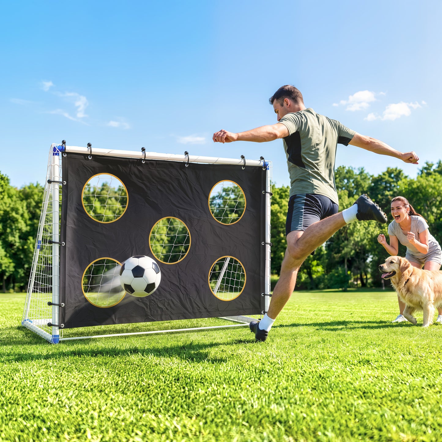 SPORTNOW Football Goal, 183 x 96 x 130 cm Portable Practice Football Net with Target Cloth and PVC ball, Tetoron Training Goal