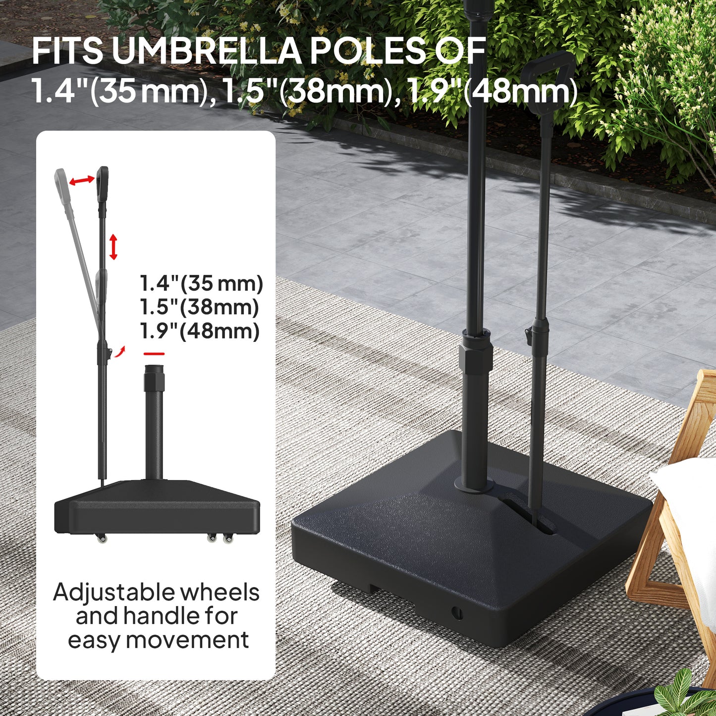 Outsunny Garden Parasol Base with Adjustable Wheels & Handle, 55kg/45kg Fill, Umbrella Stand, Black