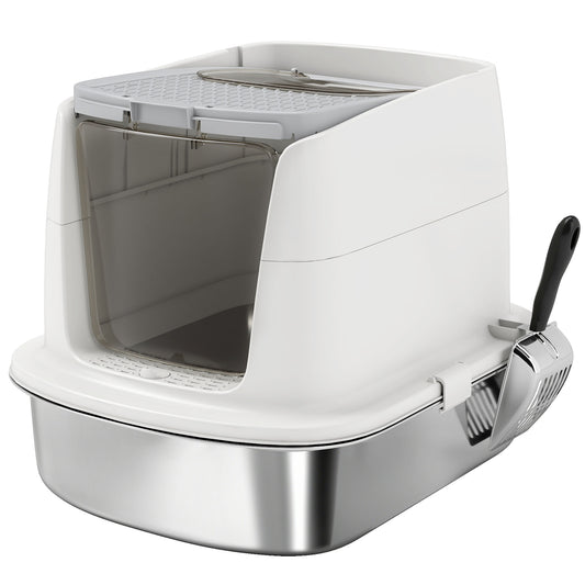 PawHut Large Stainless Steel Litter Box, Enclosed Metal Cat Litter Tray with Scoop, Deodoriser Bag, Front-Entry and Top-Exit