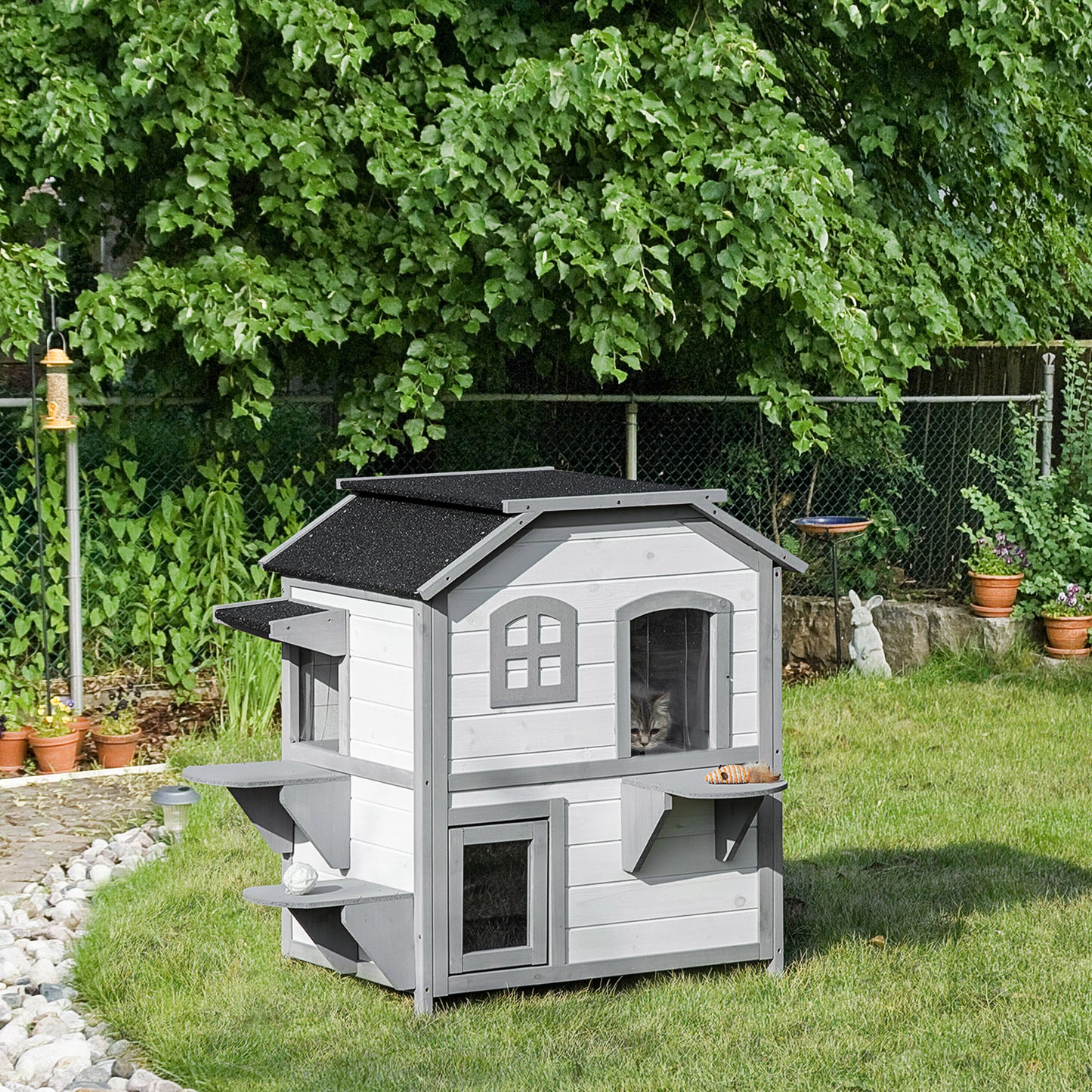 PawHut 2-Story Indoor or Outdoor Cat House W/ Escape Door Cat Shelter White