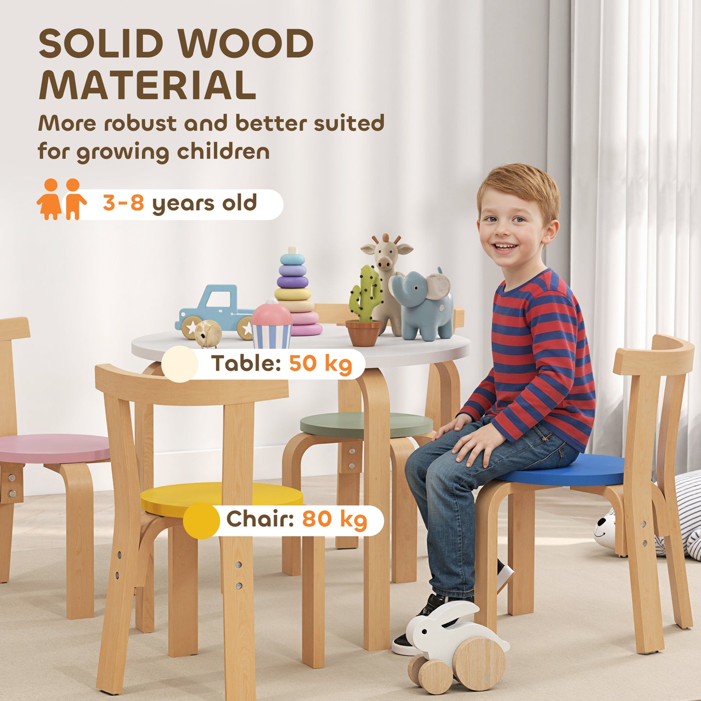 AIYAPLAY 5 Piece Kids Table and Chairs Set, Wooden Toddler Table and Chairs Set for Nursery, Playroom, Classroom, for 3-8 Years