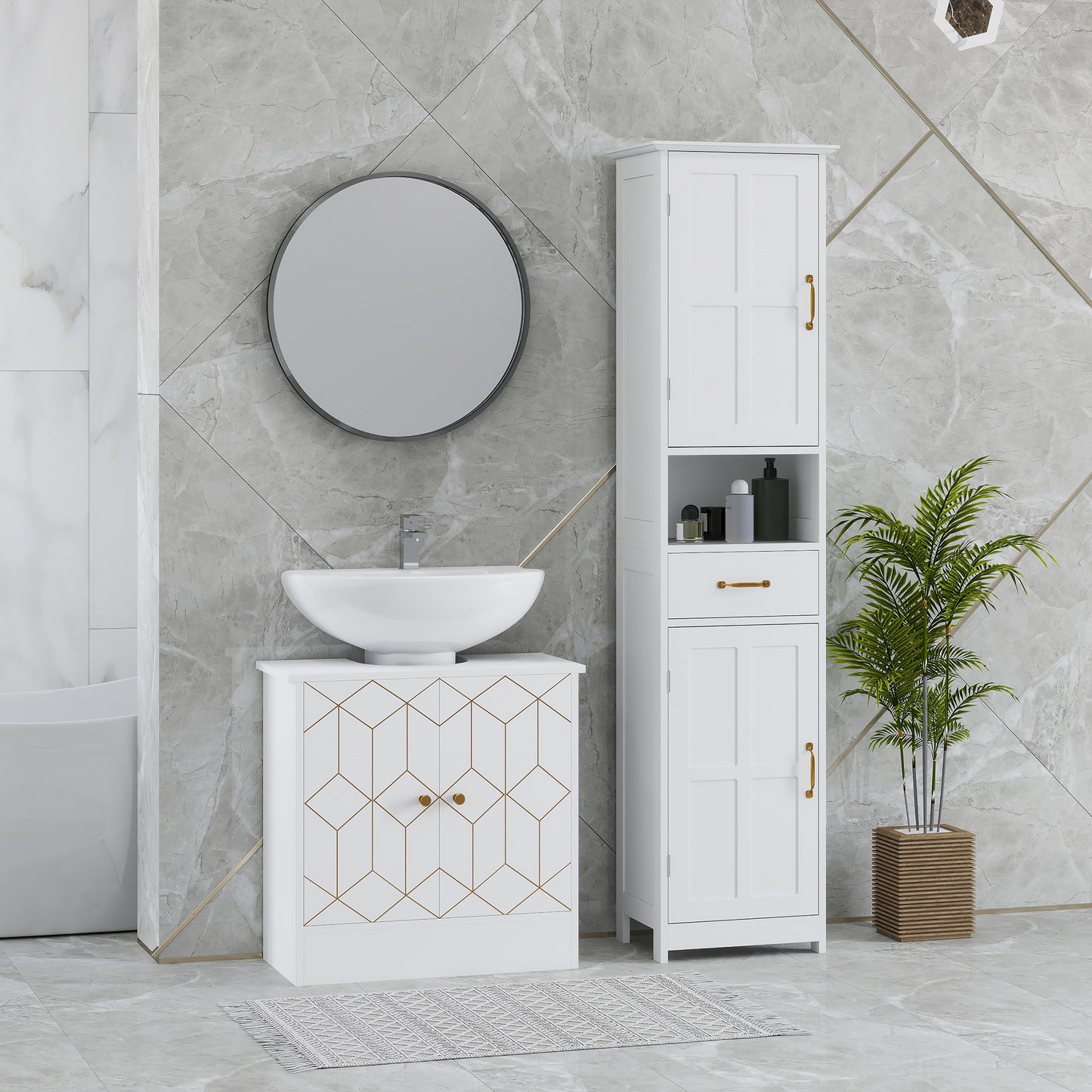 HOMCOM Under Sink Bathroom Cabinet, Adjustable Shelf & Open Compartment, Fits Basin with/without Pedestal, 60x30x60cm, White