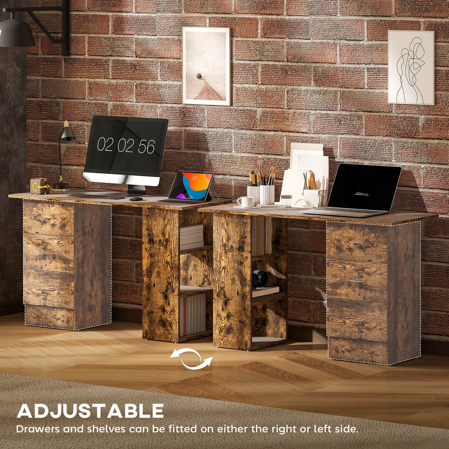 HOMCOM Computer Desk, Writing Table, PC Workstation with 3 Storage Shelves and Drawers, Silver Handle, for Home Office, Rustic Brown