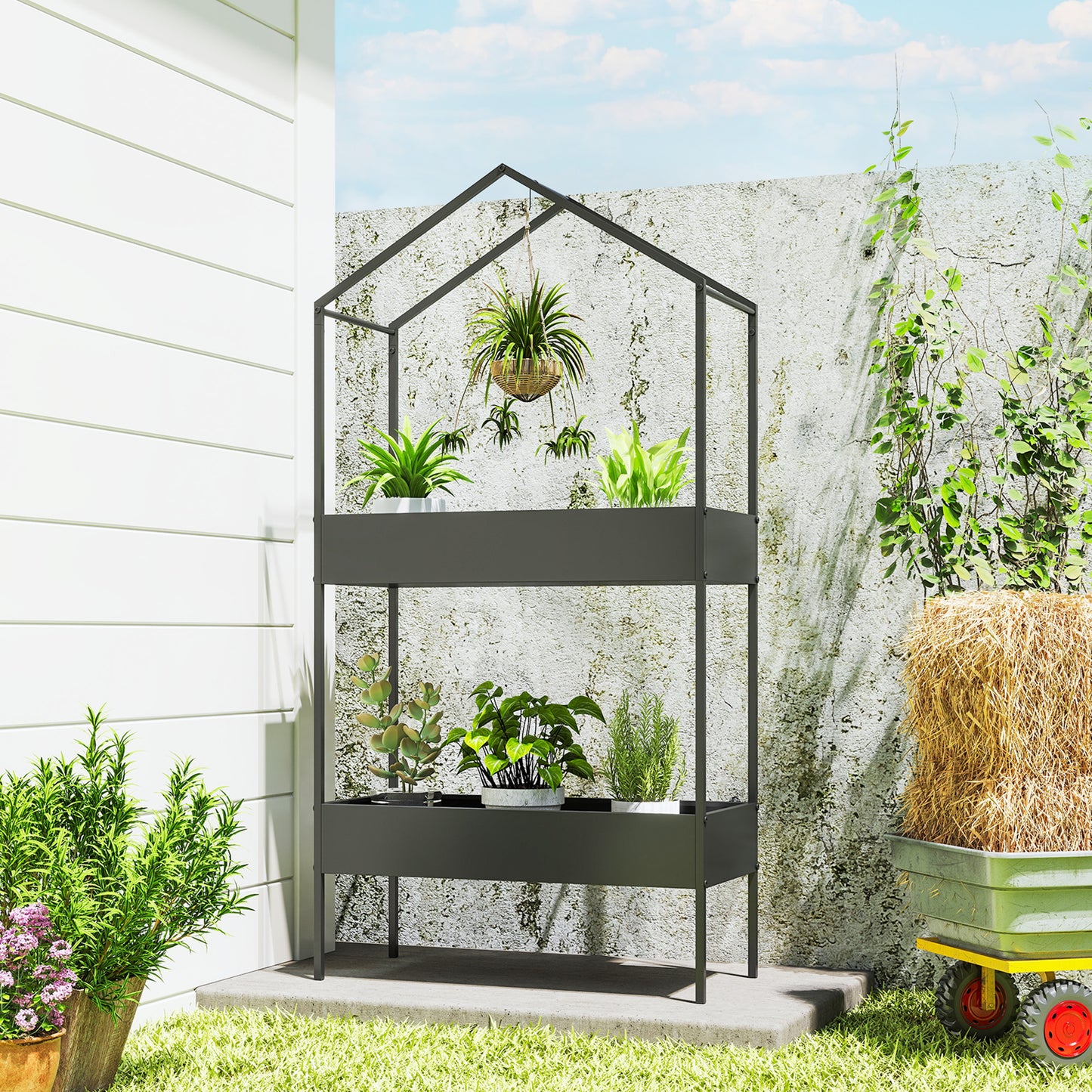 Outsunny 2 Tier Plant Stand, Outdoor Indoor Metal Plant Stand with Hook, House-Shaped Pots Holder Display Rack, Black