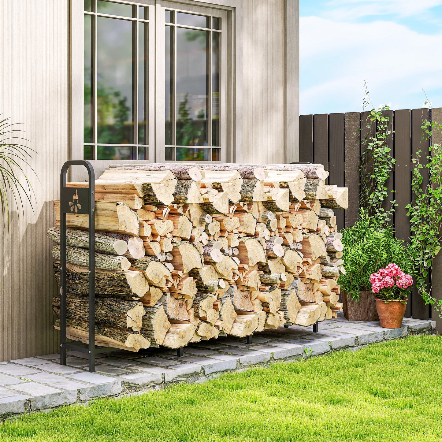 Outsunny Steel Firewood Log Rack, 300kg Capacity, Indoor/Outdoor Wood Storage Shelf, Log Holder with Extra Support Legs, Bonfire Pattern, Black