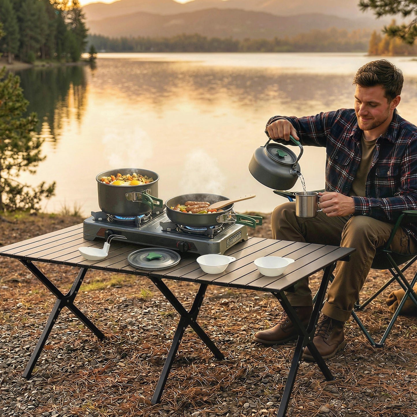 Outsunny Camping Cookware Set for 4-5 People, Lightweight Aluminium Camping Cooking Kit with Anti-Scald Handles, Grey