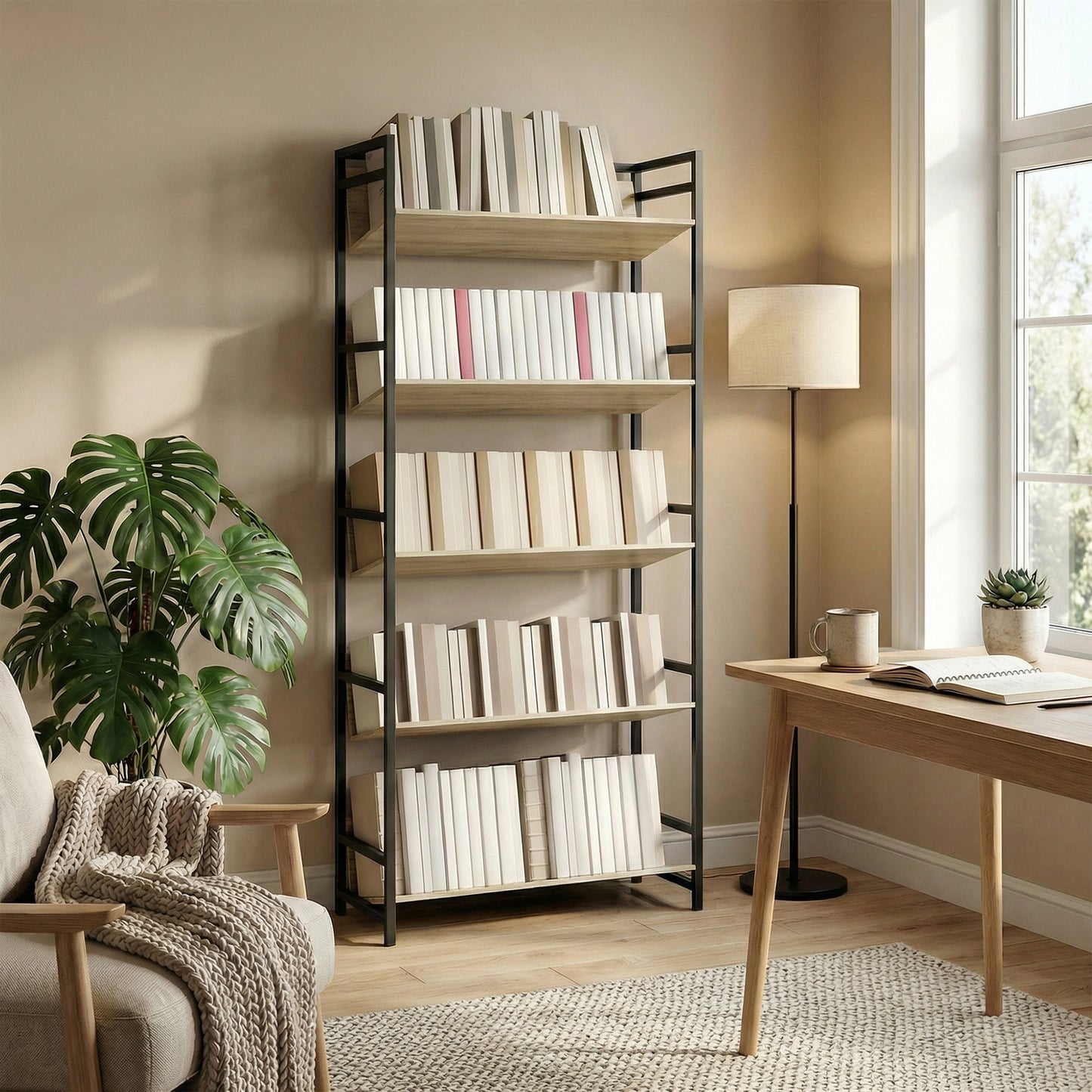 HOMCOM Bookshelf 5-Tier Metal Frame Bookcase Storage Shelves for Living Room Oak