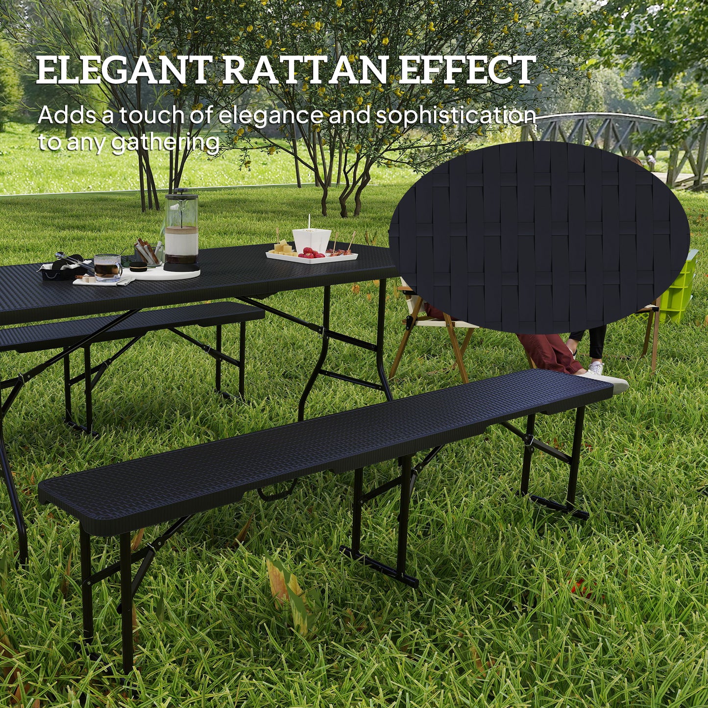 Outsunny Folding Picnic Table & Bench Set, Rattan Effect Portable Camping Table & Chairs with Handles, for Indoor/Outdoor, Black
