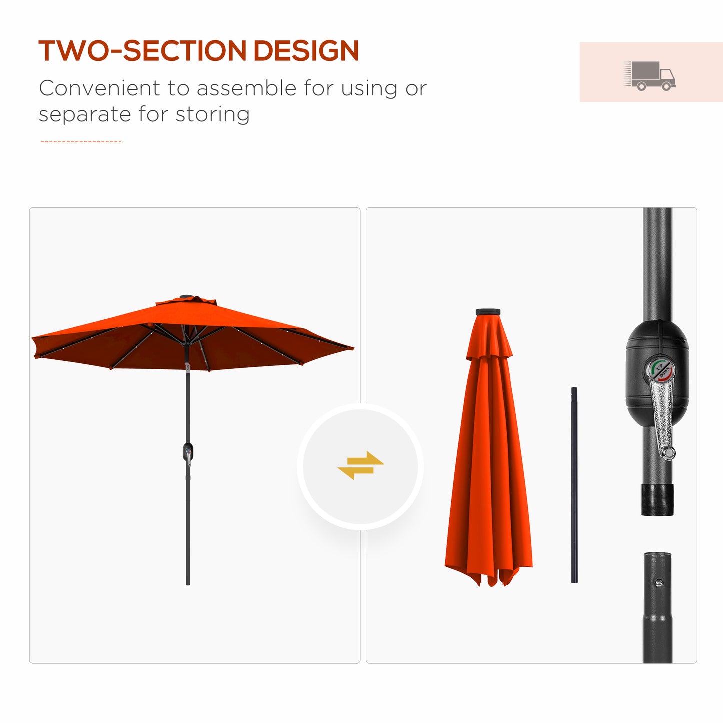 Outsunny 2.7m Outdoor Patio Garden Umbrella Parasol with Tilt Crank and 24 LEDs Lights Orange