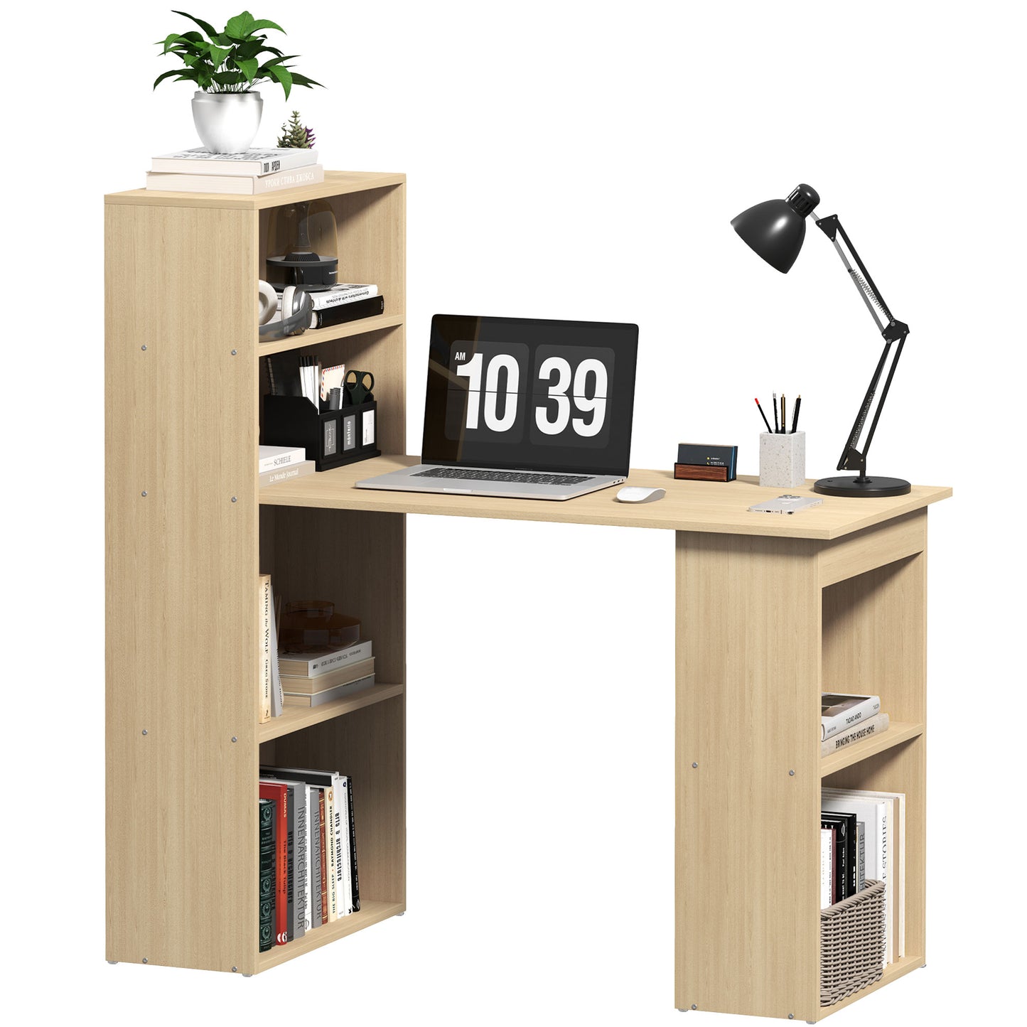 HOMCOM 120cm Modern Computer Desk Bookshelf Study Table Workstation PC Laptop Writing Home Office 6 Shelves, Natural Wood Finish