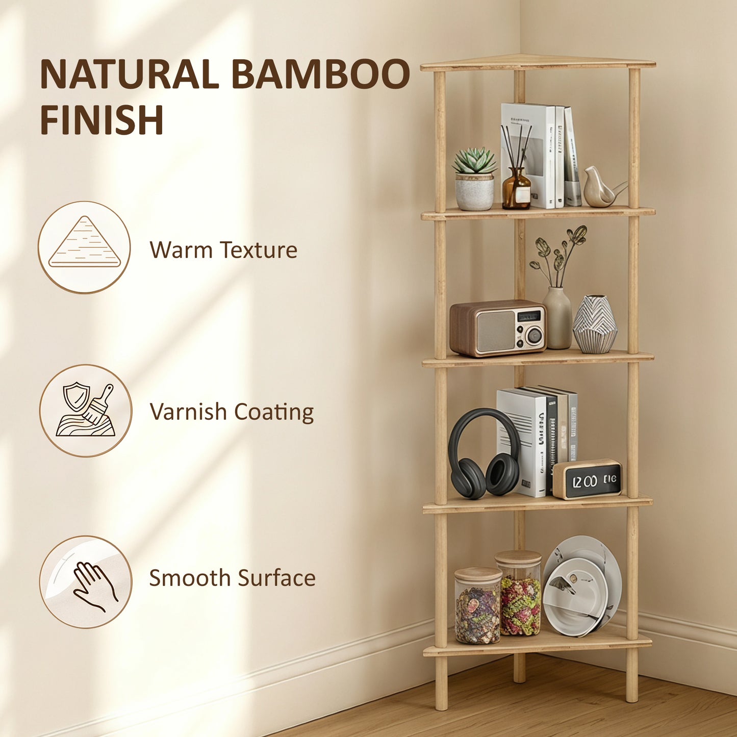 HOMCOM Bamboo Storage Shelf, 5-tier Corner Shelf, Freestanding Shelving Unit for Living Room, Home Office, Natural Wood Finish