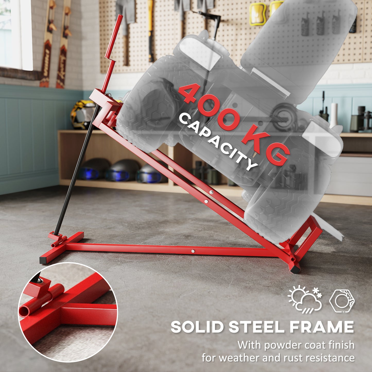 HOMCOM 400 kg Foldable Ride-On Mower Jack Lift, Adjustable Steel Lifting Device, for Lawn Mower, ATV, Red