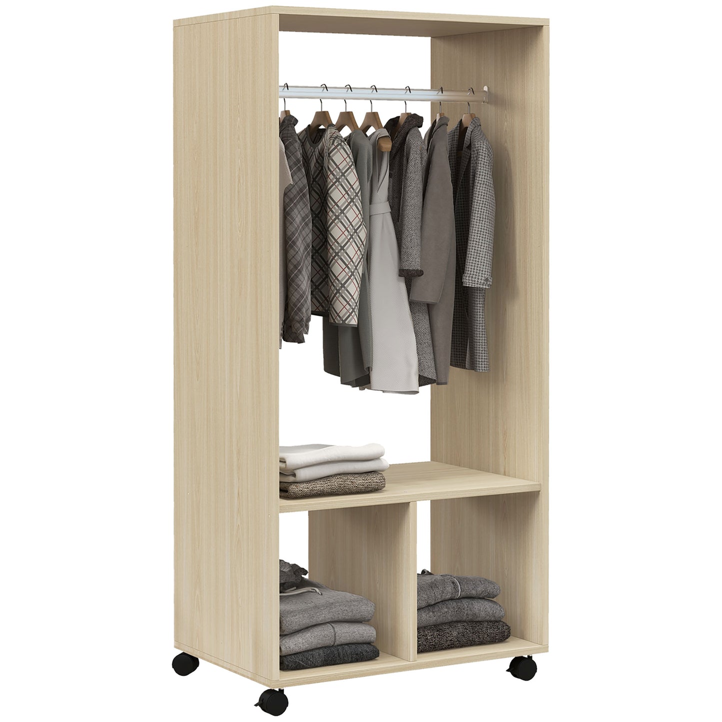 HOMCOM Wardrobe with shelf, 2 compartments and hanging rail, 4 swivel casters dim. 60L x 40W x 128H cm natural wood