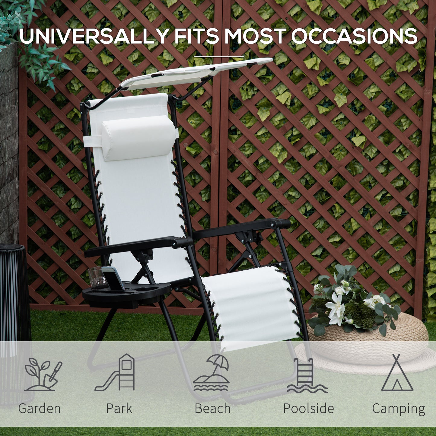 Outsunny 2 Piece Foldable Reclining Garden Chair, Zero Gravity Lounger with Headrest, Footrest, Armrest, Cup Holder & Canopy, White
