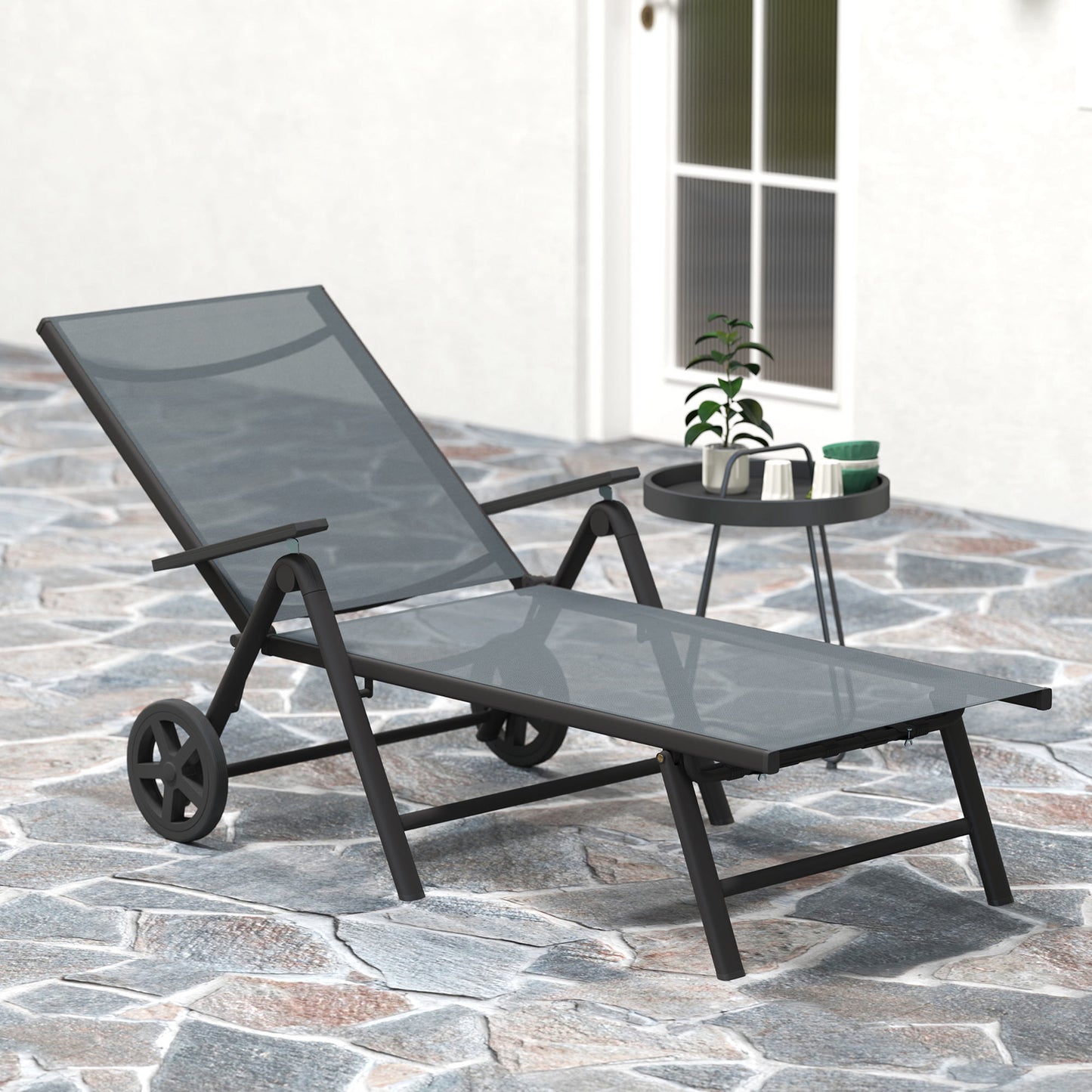 Outsunny Folding Sun Lounger with Wheels, 5-Position Adjustable Reclining Chair, Metal Frame, Armrests, Portable for Beach/Porch, Grey