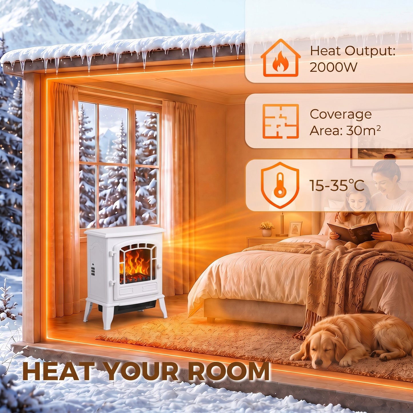 HOMCOM Electric Fireplace Stove, 1000W/2000W, Freestanding Electric Fire with LED Flame Effect, Adjustable Thermostat, White