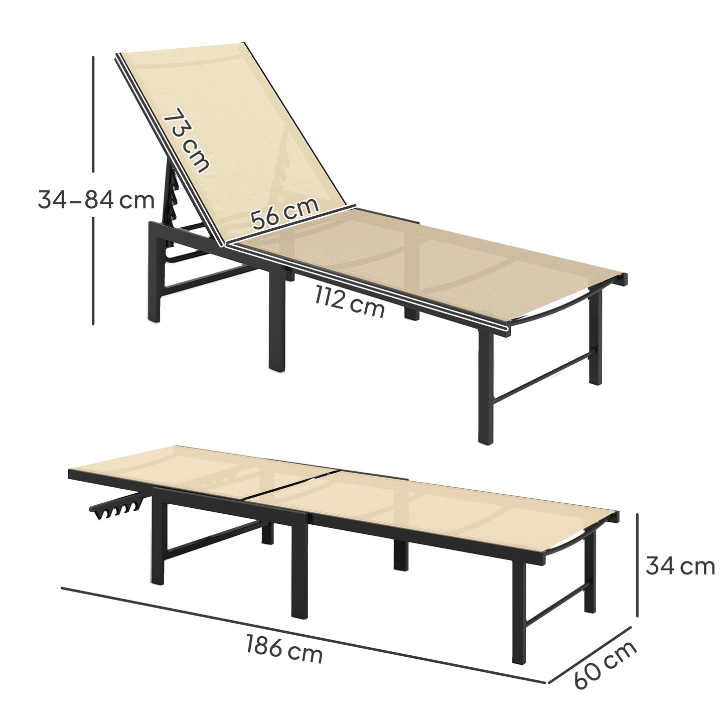 Outsunny 5-Level Adjustable Reclining Sun Lounger, Texteline Seat, Steel Frame for Garden, Patio, Beach, Sunbed Chair, Khaki