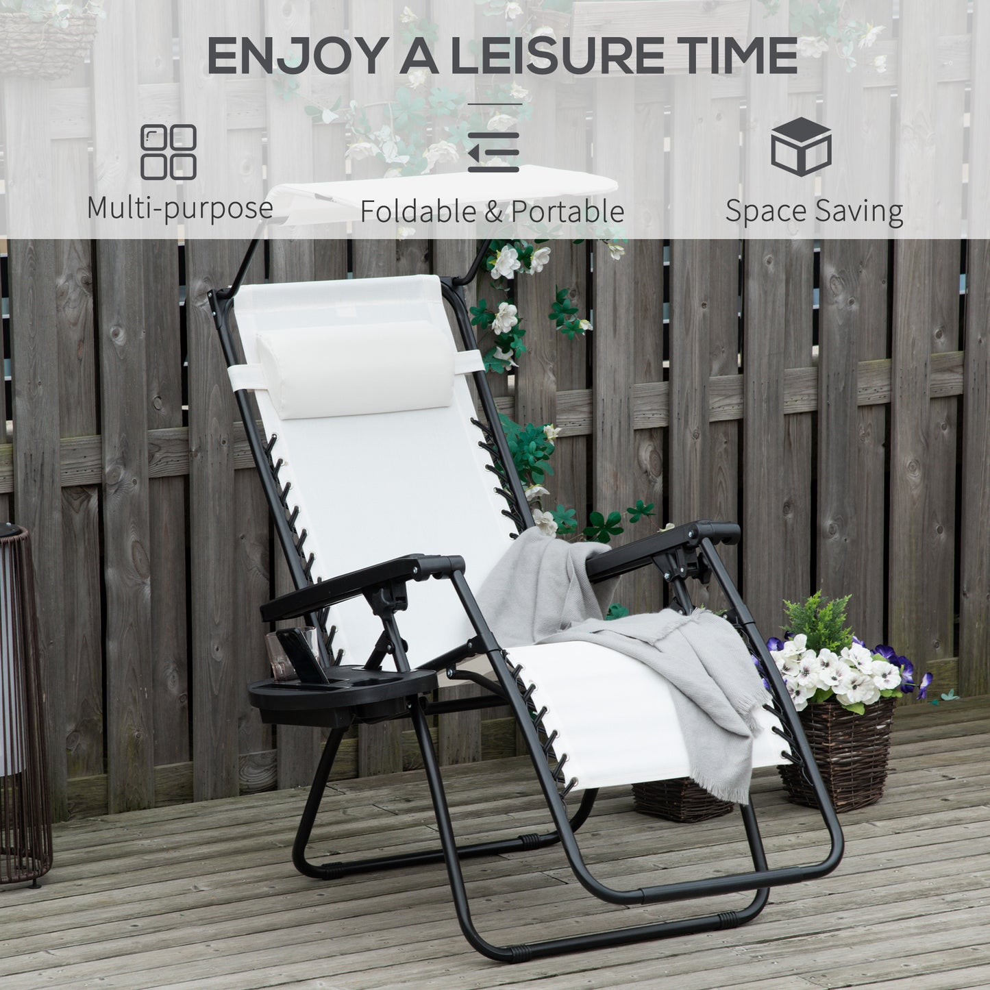 Outsunny 2 Piece Foldable Reclining Garden Chair, Zero Gravity Lounger with Headrest, Footrest, Armrest, Cup Holder & Canopy, White