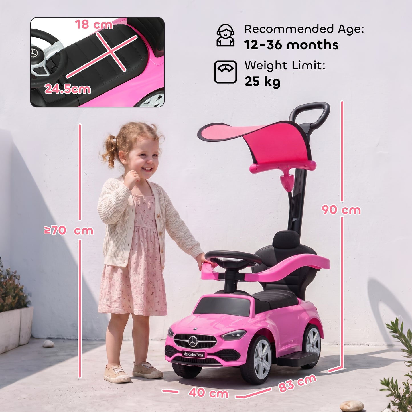 AIYAPLAY 4 in 1 Licensed Benz Ride on Push Car with Handle, Canopy, Guardrails, Horn, Music, Storage for 12-36 Months, Pink