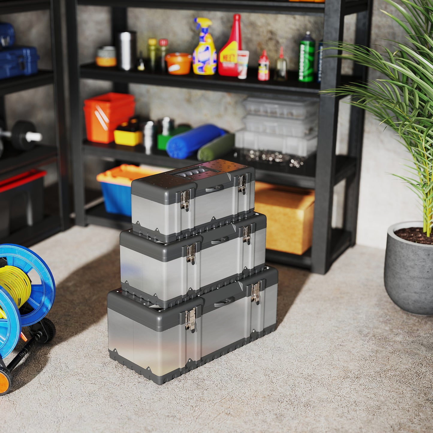 HOMCOM 3 Pieces Stainless Steel Toolbox Set, 23"/ 19"/ 16"