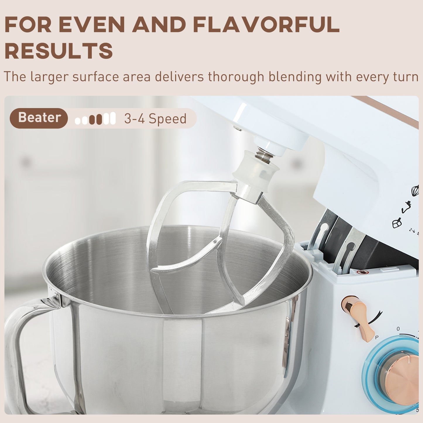 HOMCOM Stand Mixer, 5L, 1400W, 6 Speeds, Pulse, Hook, Whisk, Stainless Bowl, Splash Guard, Beater, White