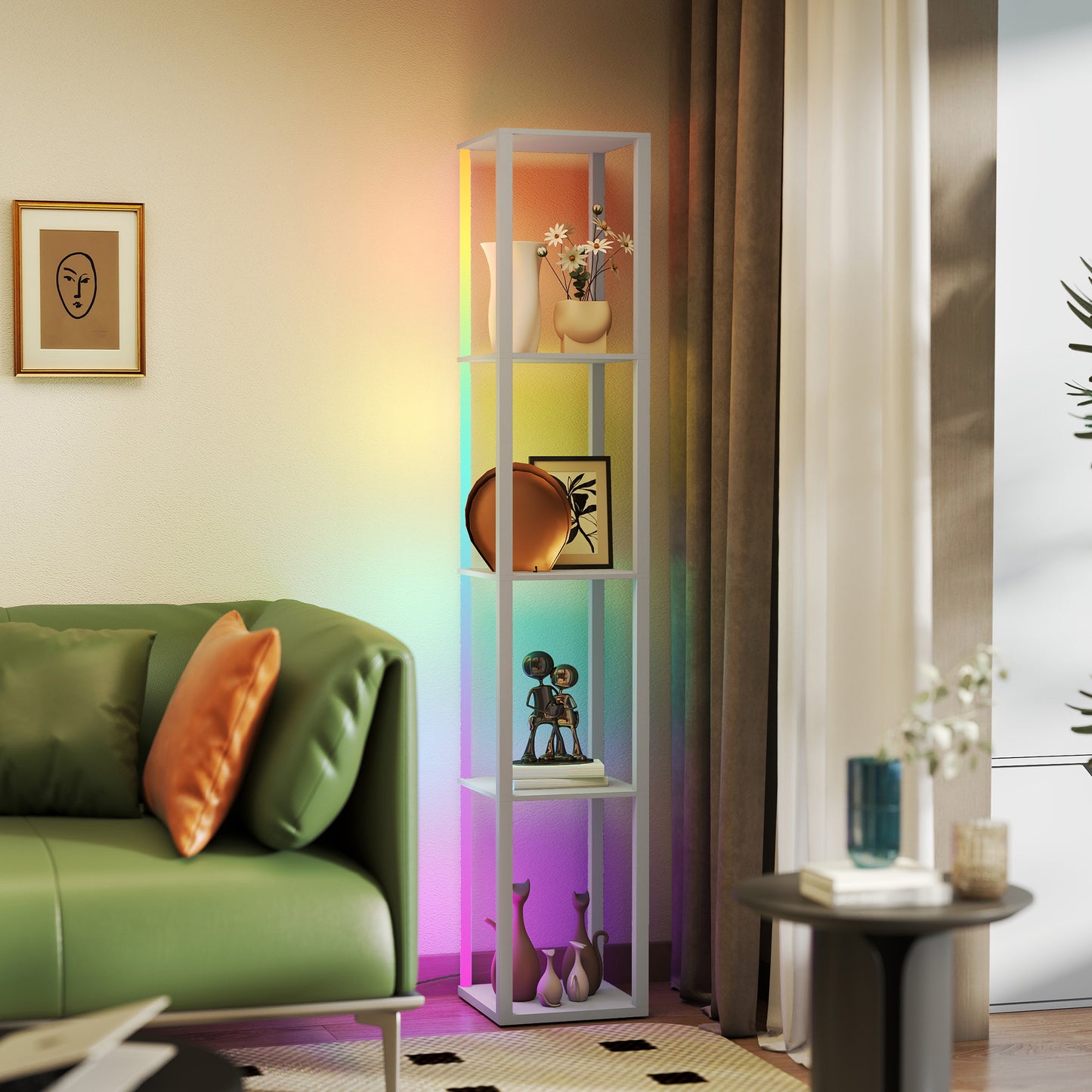 HOMCOM RGB LED Floor Lamp with Shelves, Modern Dimmable Standing Lamp, Remote Control, Adjustable Brightness & Speed for Living Room, Grey