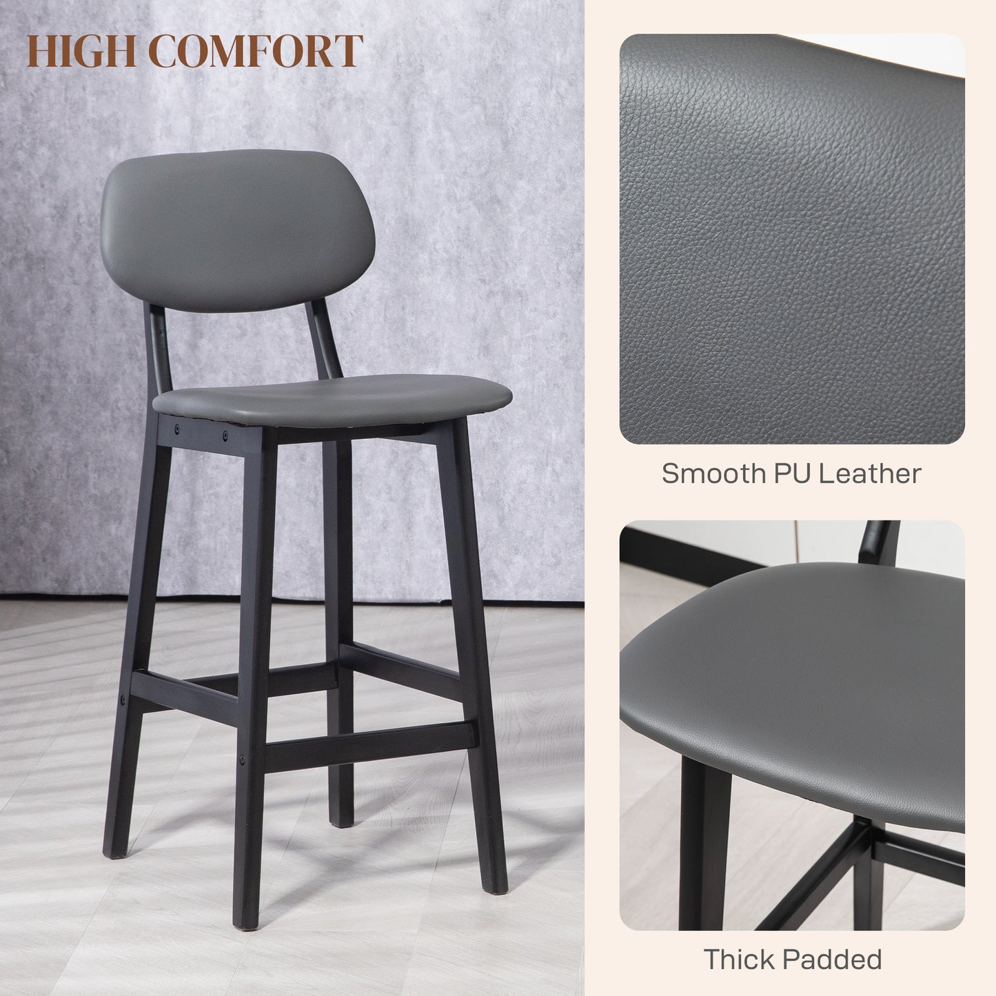 HOMCOM Set of 2 Faux Leather Bar Stools - Dark Grey