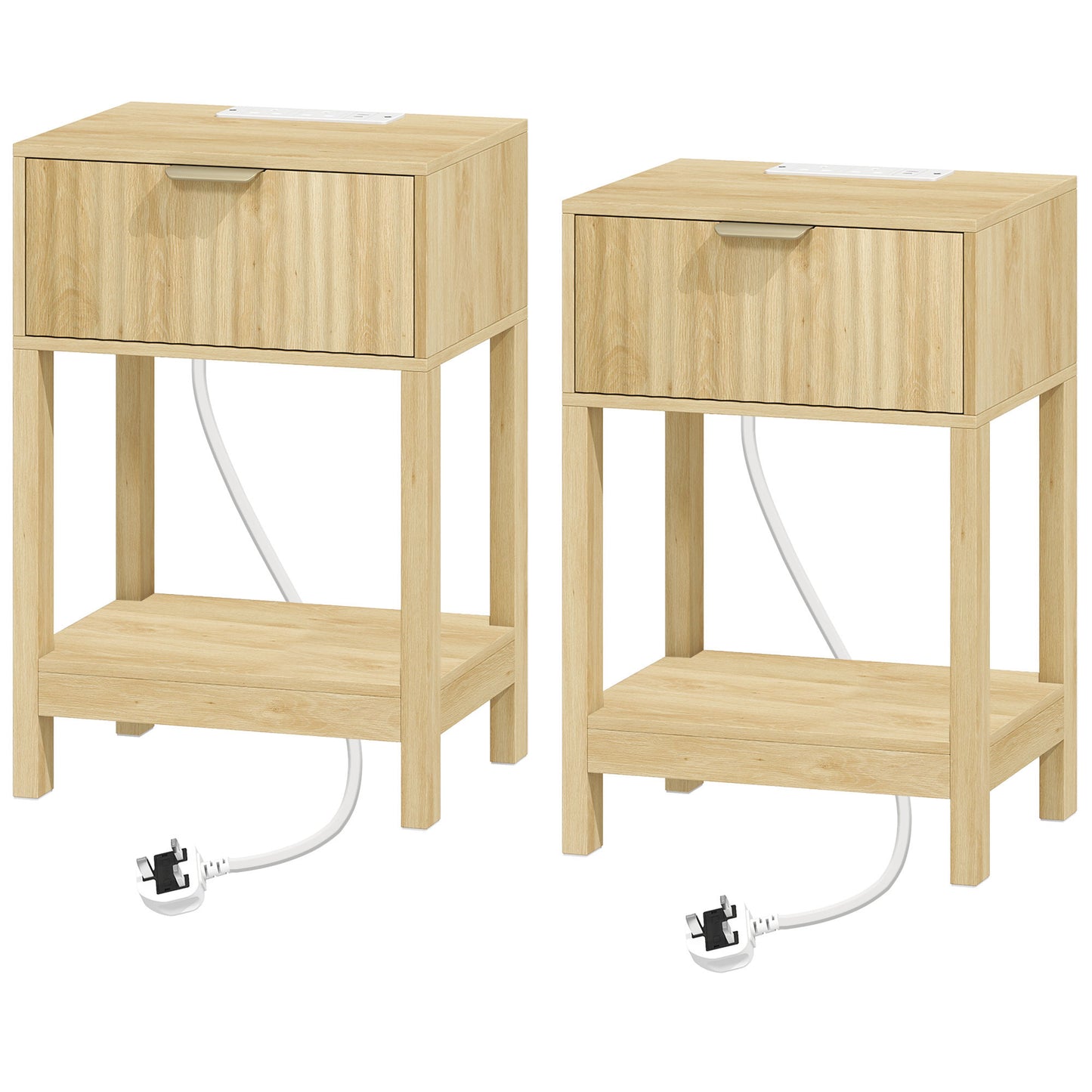 HOMCOM Modern Fluted Nightstand Set of 2, Bedside Table with Charging Station, Drawer and Open Shelf for Bedroom, Oak