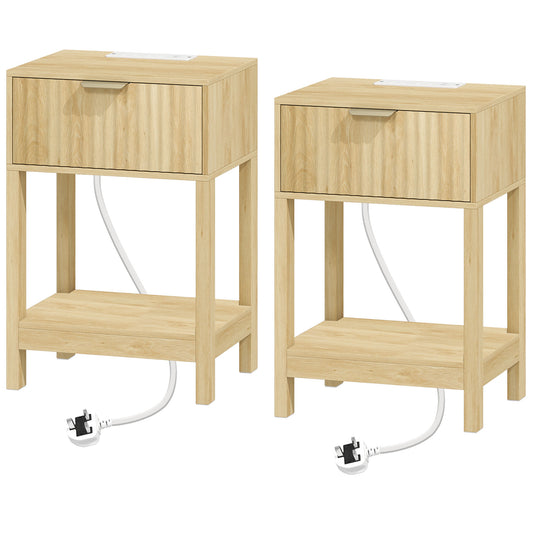 HOMCOM Modern Fluted Nightstand Set of 2, Bedside Table with Charging Station, Drawer and Open Shelf for Bedroom, Oak