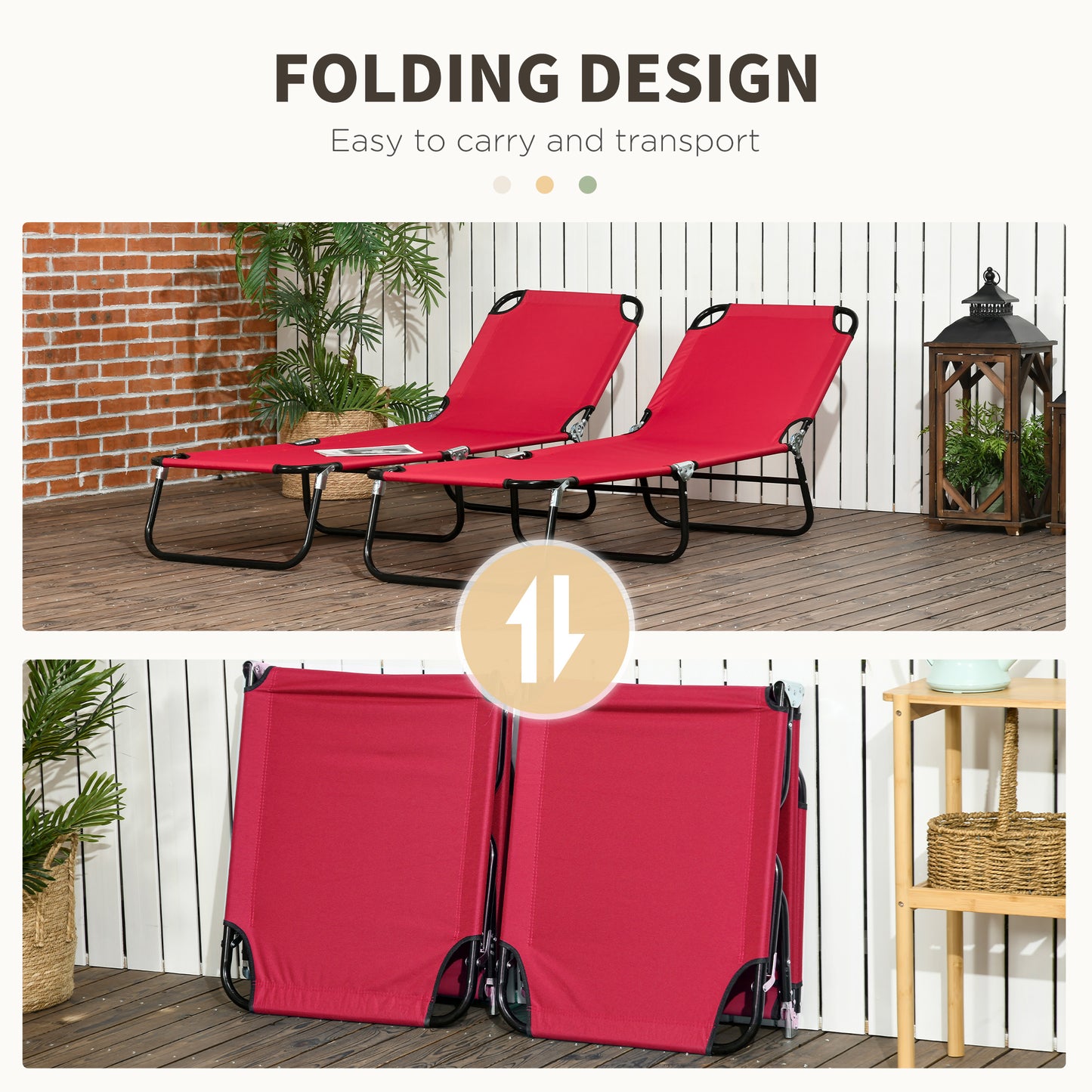 Outsunny Sun Loungers Set of 2, Adjustable Backrest Recliner Chairs for Beach, Patio, Wine Red