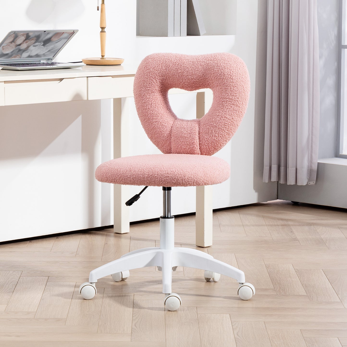 HOMCOM Armless Heart Computer Desk Chair, Teddy Fleece Swivel Office Chair with Height Adjustable, Wheels, for Home Study, Pink
