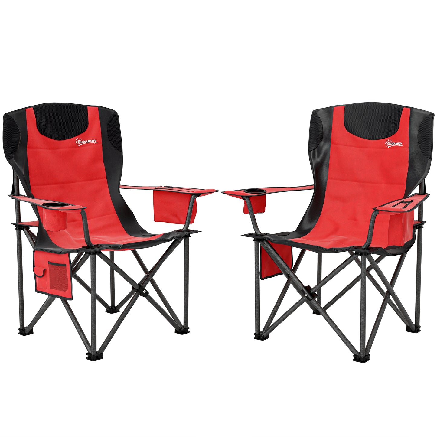 Outsunny Set of 2 Padded Folding Camping Chairs, Adjustable Armrests, Cooler Bag, Cup Holder, Side Pockets, Portable & Lightweight, Red