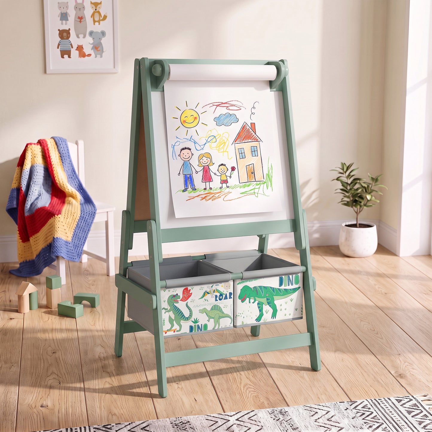 AIYAPLAY Art Easel for Kids, 3-in-1 Kids Easel with Chalkboard, Whiteboard, Paper Roll, Storage, Under-Board Shelf for 3-8, Green