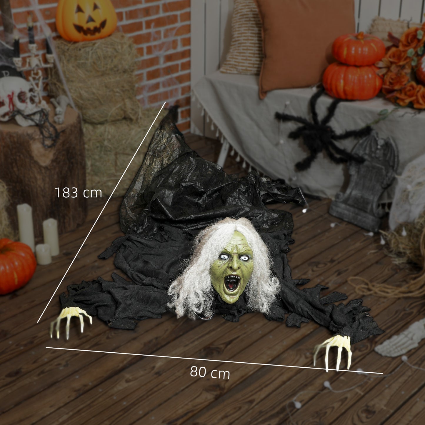 Outsunny 183cm Life Size Animated Crawling Zombie with LED Eyes, Indoor Outdoor Halloween Decoration, Battery Operated, Party Prop, Scary, Grey