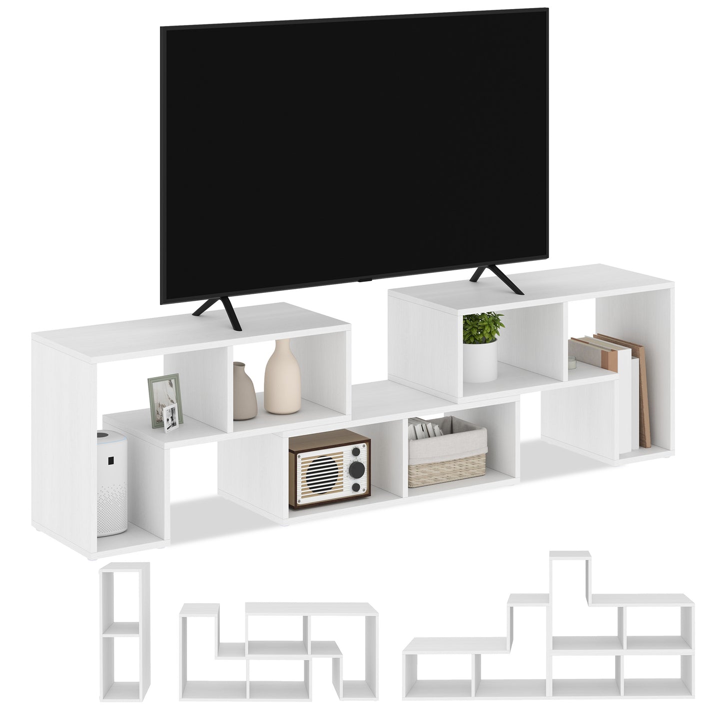 HOMCOM TV Stand for TVs up to 75", Storage Shelves, Extendable Unit, White Wood Grain
