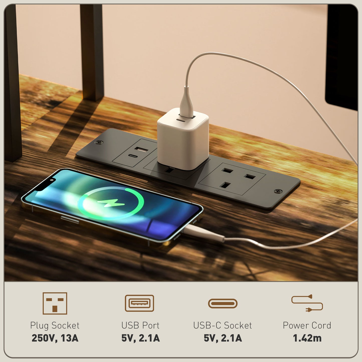HOMCOM 160cm Reversible L Shaped Desk with Outlet, Corner Desk w/ Storage & Tray, 240cm, Rustic Brown