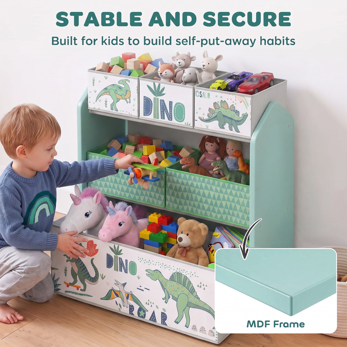 AIYAPLAY Toy Storage Organiser, 3-Tier Wooden Kids Toy Storage Rack with 6 Fabric Storage Bins for Bedroom, Kids Room, Green