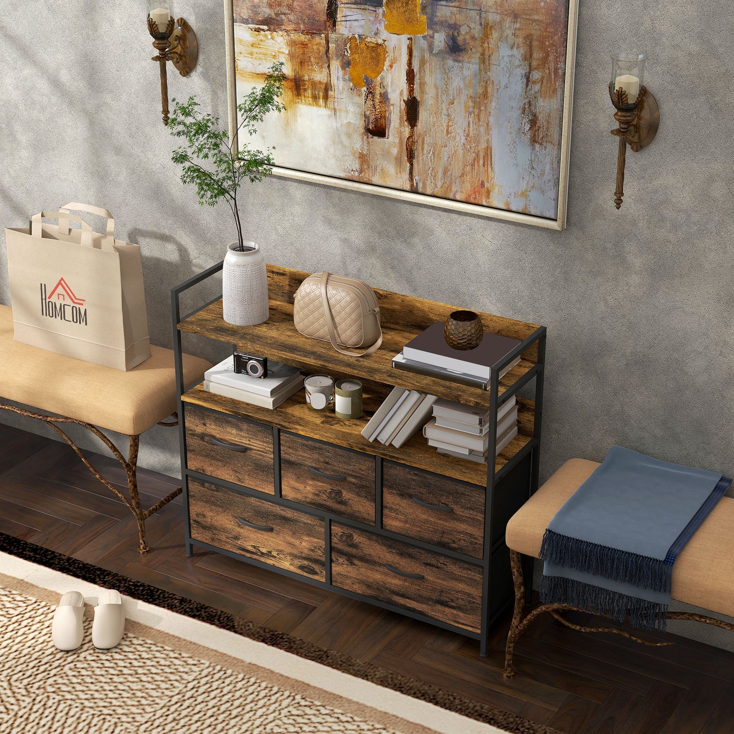 HOMCOM Rustic Chest of Five Fabric Drawers - Brown Wood Effect
