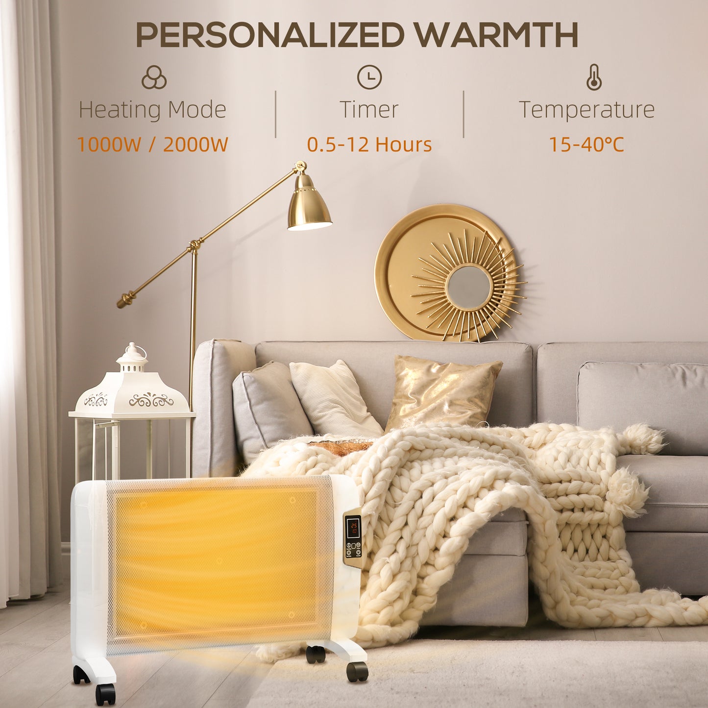 HOMCOM Mica Electric Space Heater, Portable Heater for Home with 2 Heat Settings White
