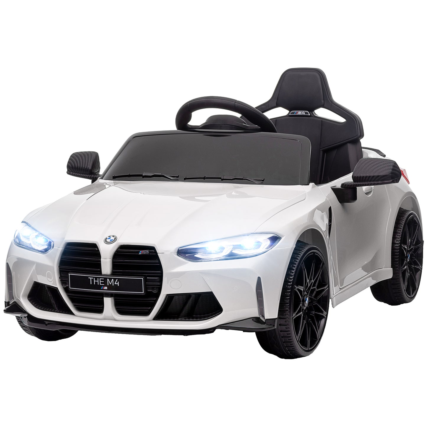 AIYAPLAY 12V BMW M4 Licensed Kids Car with Easy Transport, Remote Control, Suspension, Music, Horn, LED Lights - White