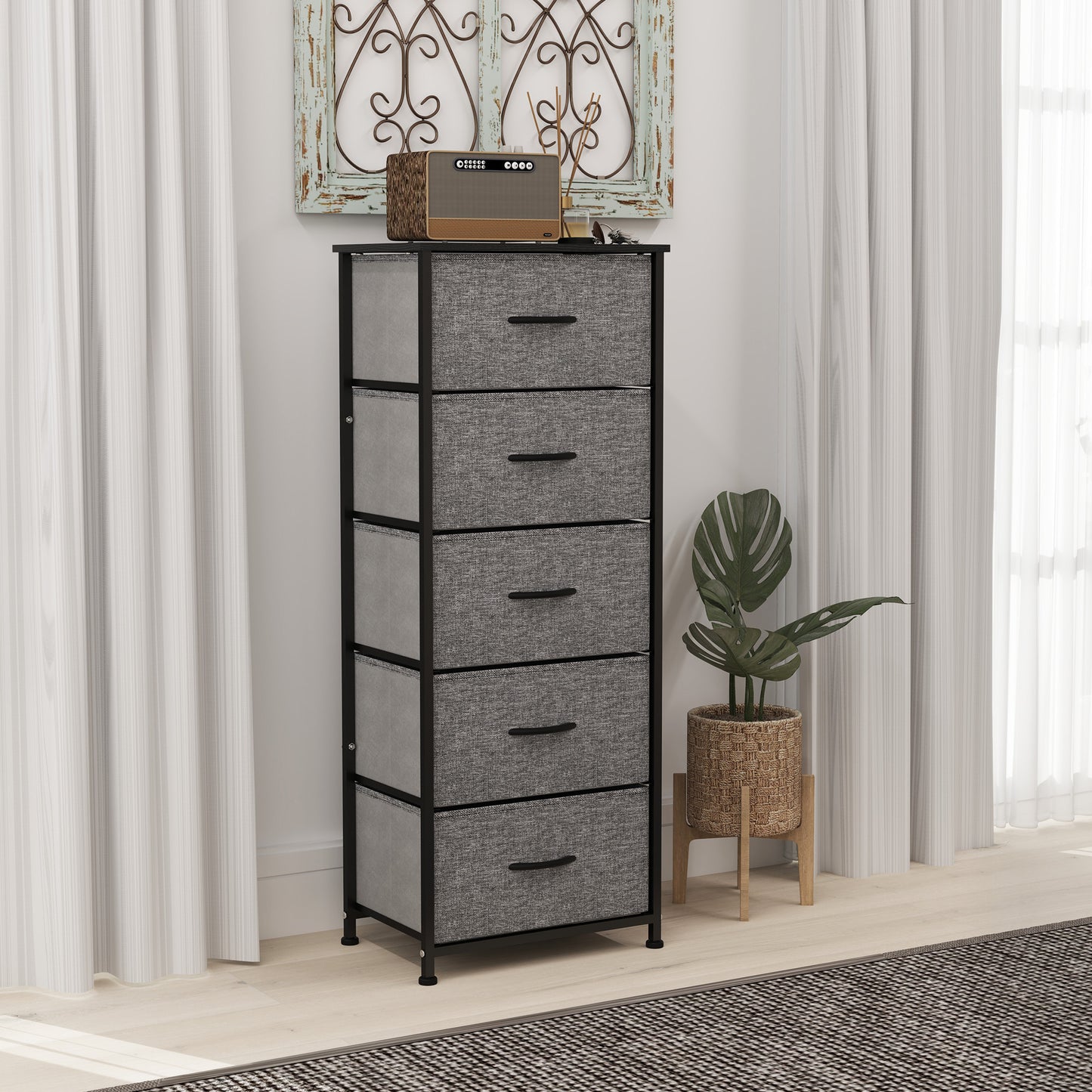 HOMCOM Industrial Dresser with 5 Fabric Drawers, Steel Frame, Wooden Top for Nursery, Living Room, Hallway, Dark Grey