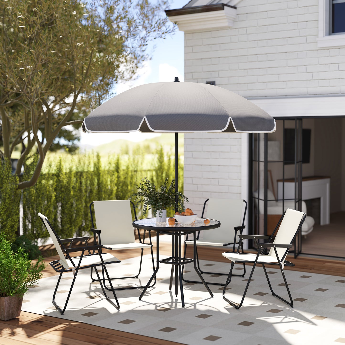 Outsunny 4 Seater Garden Furniture Set, 6 Pieces with Parasol, Folding Chairs & Glass Table, Cream White
