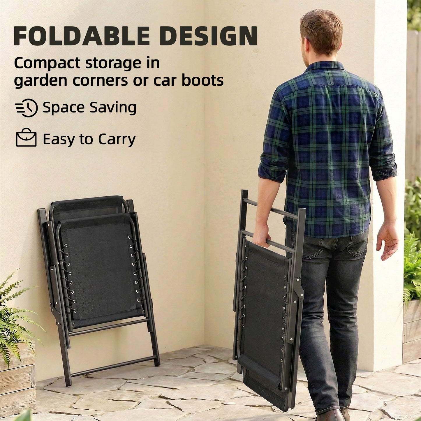 Outsunny Folding Garden Chairs Set of 2, Outdoor Dining Chairs with Wide Texteline Seat, High Back and Armrests, Black